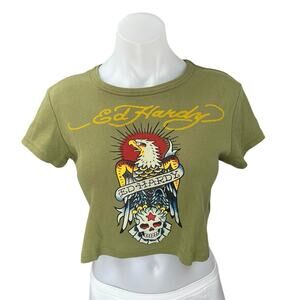 Urban Outfitters Ed Hardy Green Eagle Skull Graphic Cropped Tee T-Shirt Top XL